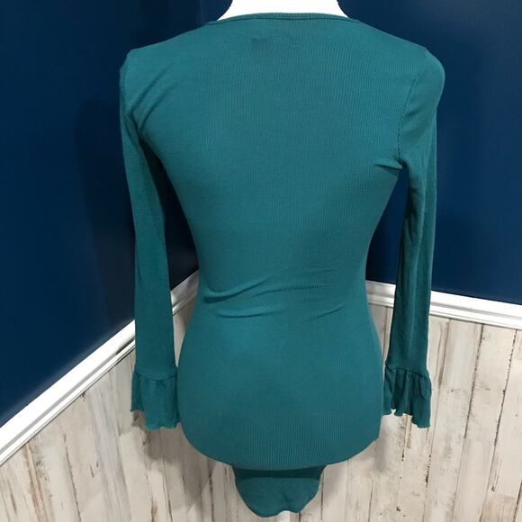 ASOS Teal Ribbed Bell Sleeve Body con Mini Dress - Picture 6 of 7